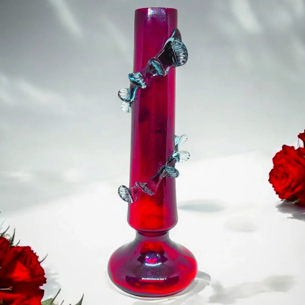 Vintage Cranberry Victorian Art Glass  Vase With Light Blue Applied Rigaree